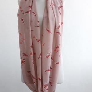 Spring Scarf With Bird Prints Coral Pink Summer..