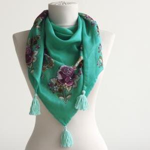 Spring Scarf Green Floral Traditional Turkish..