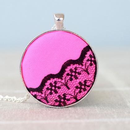 Acid Pink Pendant Necklace With Black Lace Fabric..