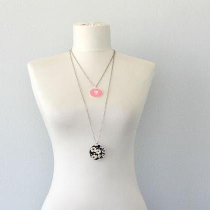 Acid Pink Pendant Necklace With Black Lace Fabric..