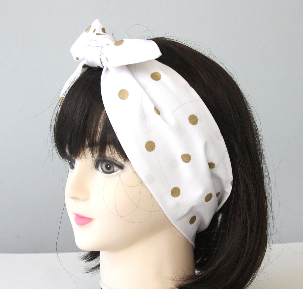 Gold Dot Headband, Womens White Polka Dot Headband, Tie Up Head Wrap