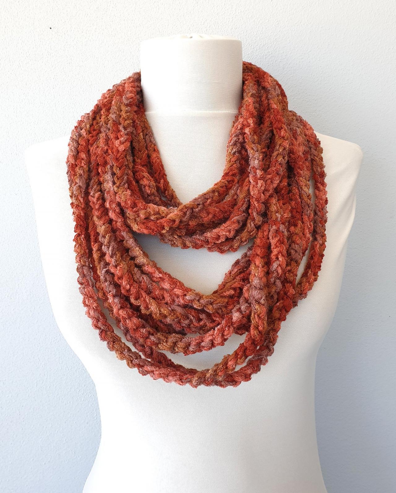 Rust Brown Scarf Necklace, Crochet Infinity Chain Scarf, Fall Fashion Scarves For Women, Gift For Her