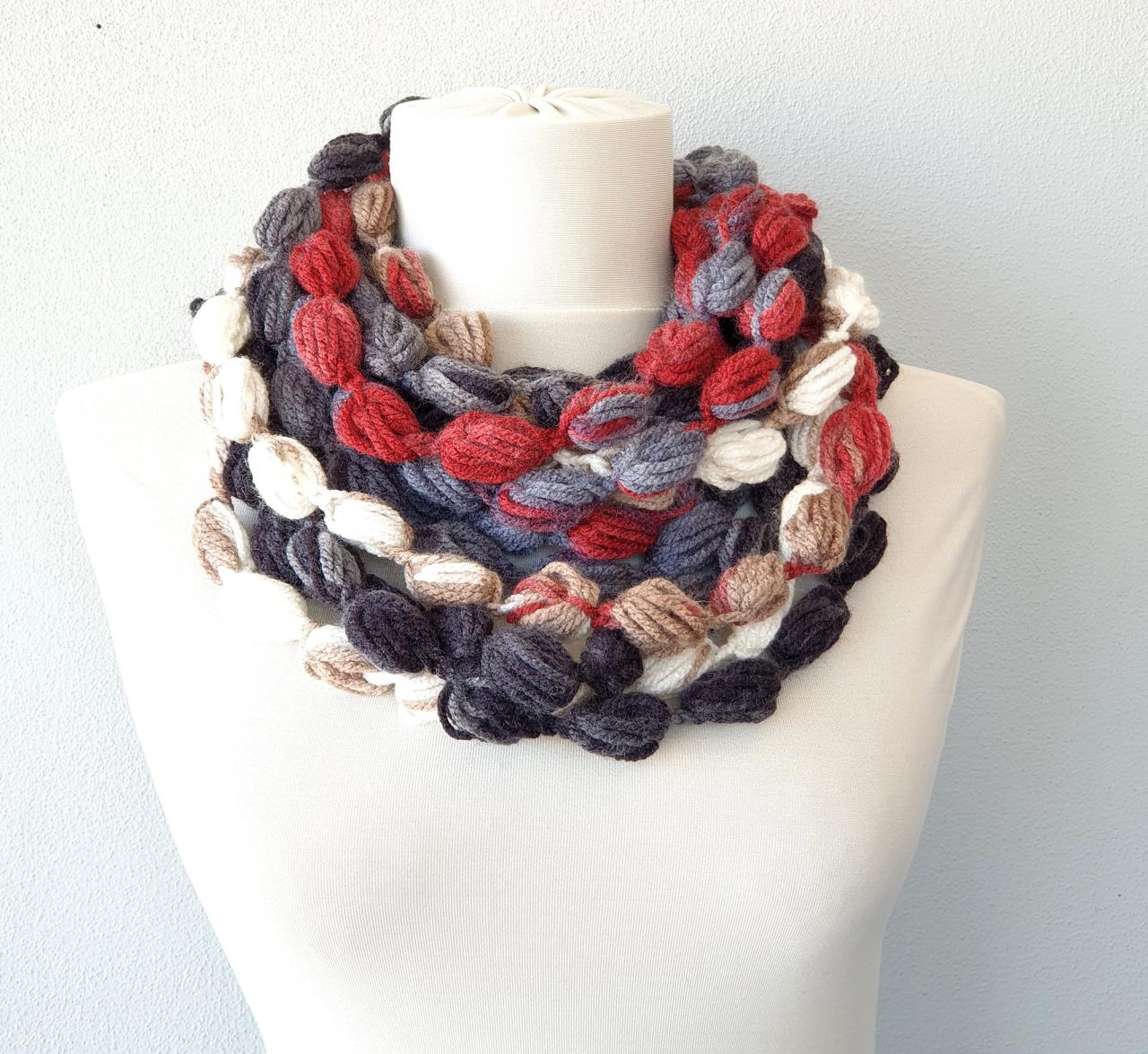 Pom Pom Scarf Necklace, Fall Autumn Scarf, Womens Scarves, Crochet Infinity Bubble Scarf, Fall Fashion Accessories, Gift For Her