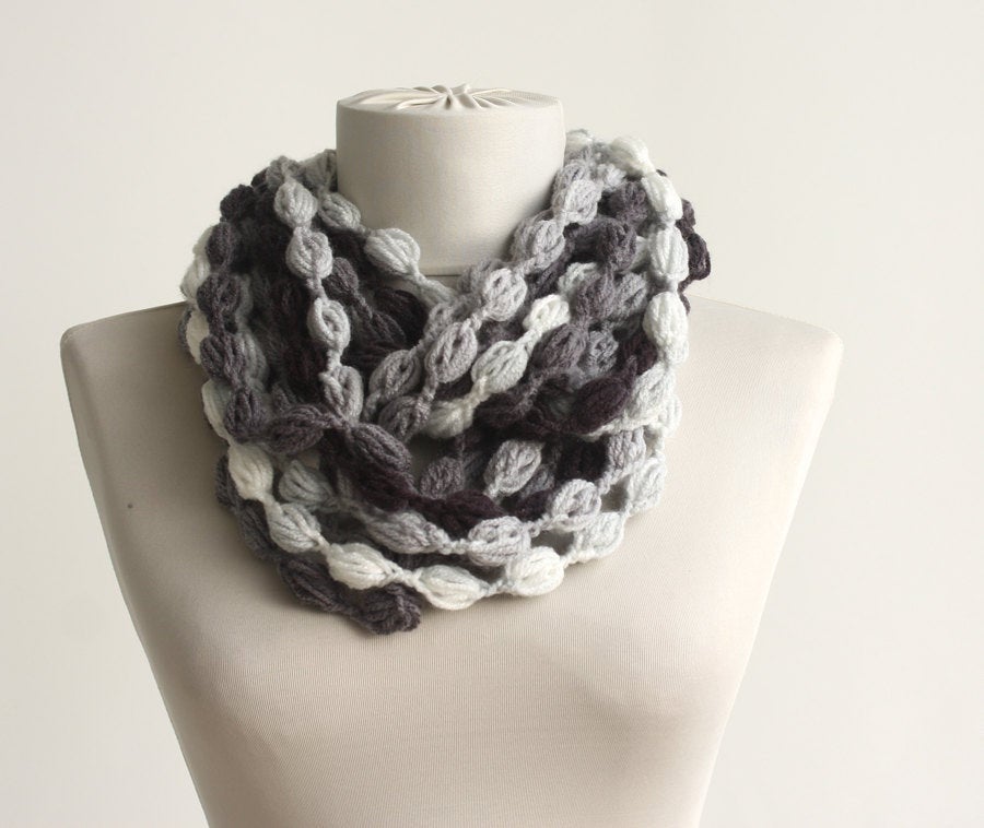 Gray Pom Pom Scarf Christmas Gift For Her Birthday Gift Stocking Stuffer Clothing Gift Under 20 Crochet Infinity Scarf Bubble Chain Scarf