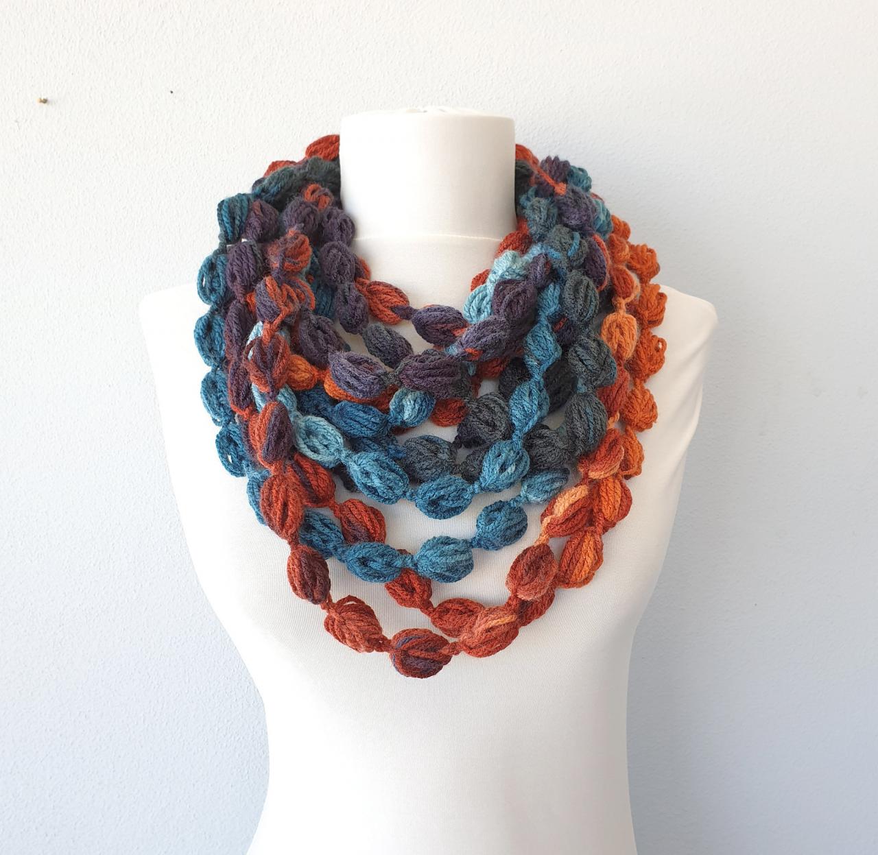 Crochet Bubble Necklace Scarf For Women In Burnt Orange And Blue