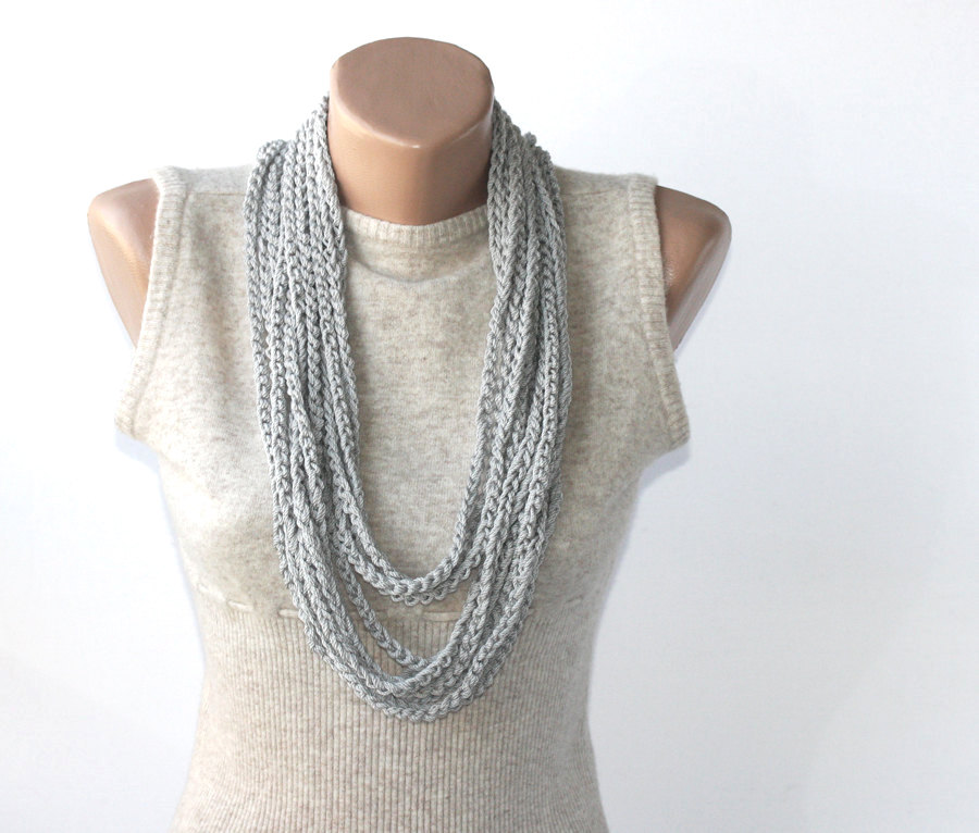 Infinity Scarf - Silver Scarf - Grey Loop Scarf - Summer Fashion - Fiber Necklace - Skinny Vegan Scarf