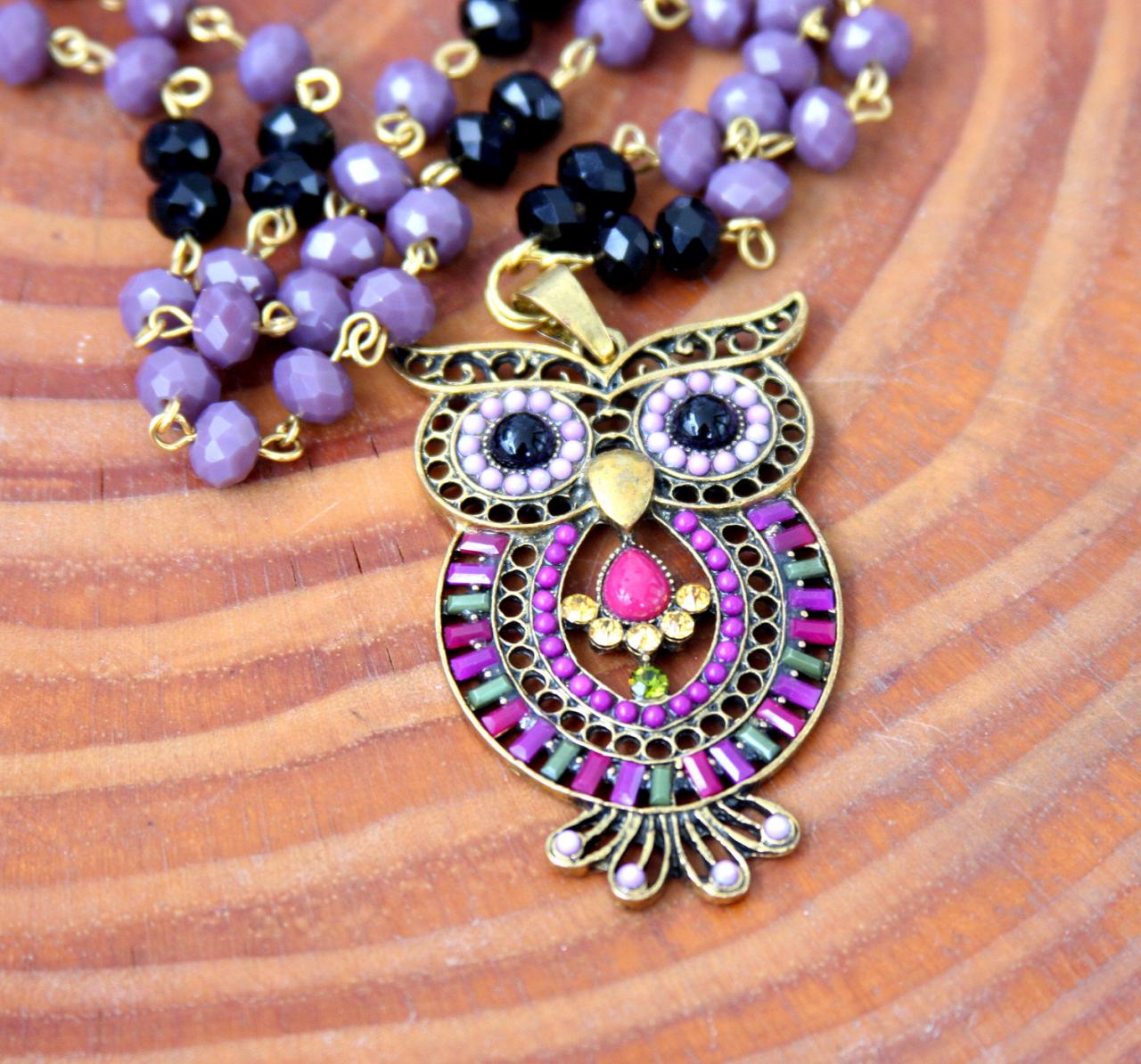 Owl Necklace Long, Big Owl Pendant, Beaded Jewelry, Christmas Gift For Her, Stocking Stuffer
