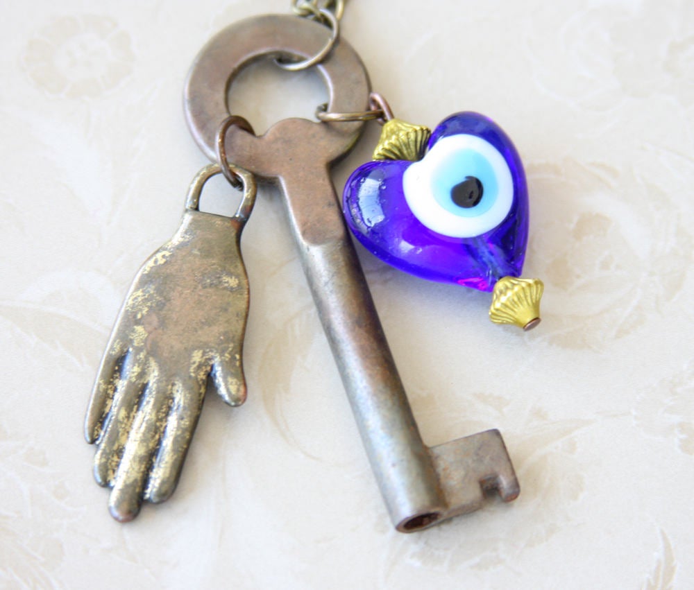 Healing Hand Evil Eye Necklace, Hamsa Amulet Jewelry, Protection Necklace, Key To Heart Necklace, Skeleton Key Jewelry, Good Luck Gift