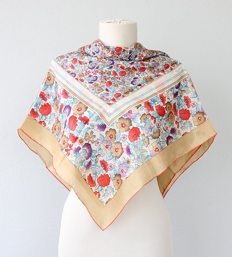 Silk Scarf Pure Silk Voile Square Floral Scarf Autumn Fall Accessories Flower Print Scarf Luxury Gift Idea
