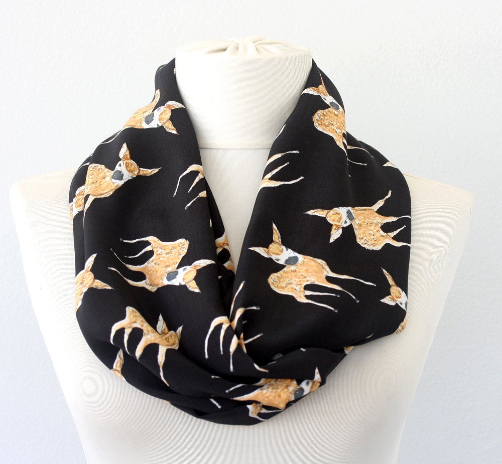 Black Infinity Scarf With Deer Print, Animal Print Scarves For Women, Woodland Accessories, Christmas Gift For Her