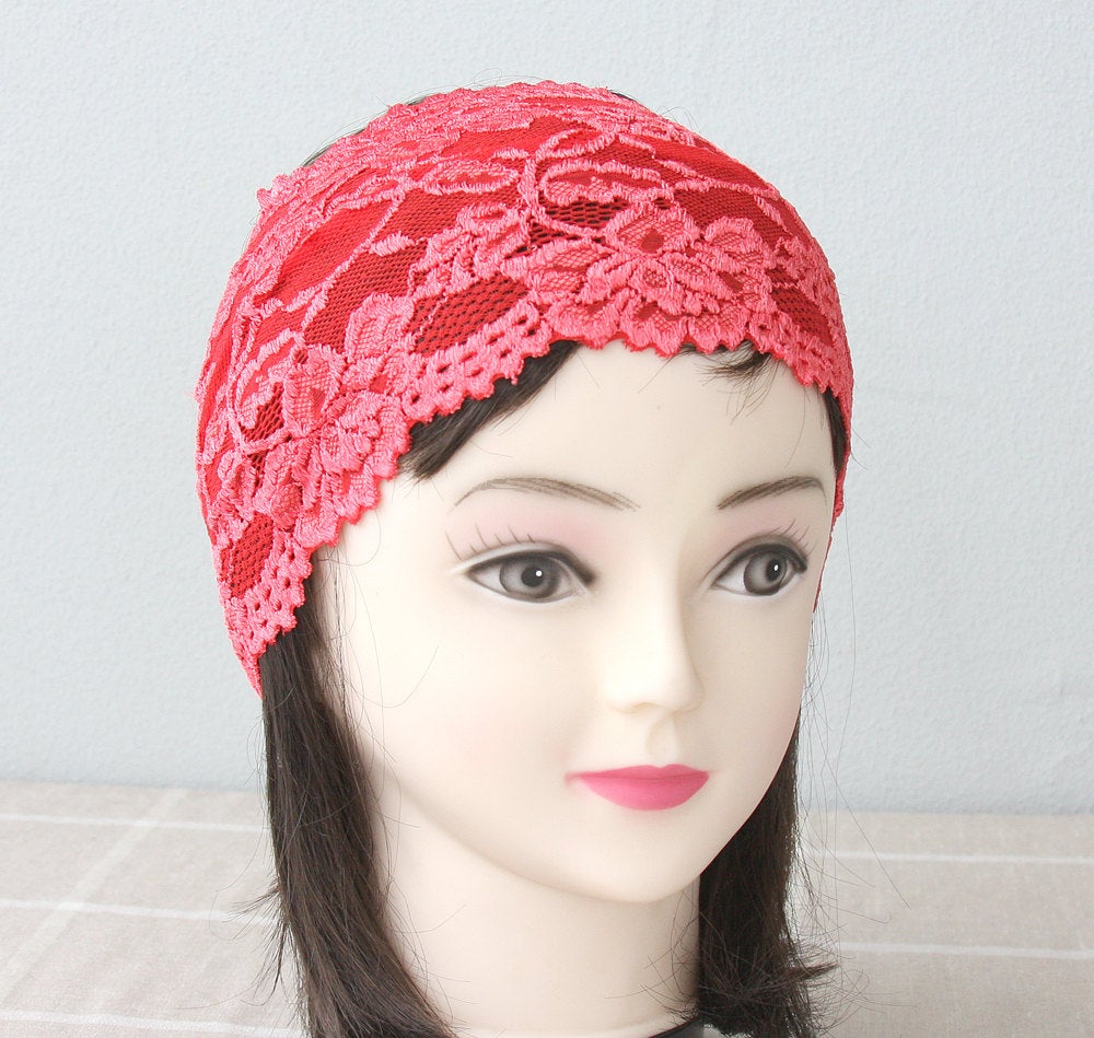 Coral Red Lace Headband Adult Headband Woman Wide Headbands For Women Yoga Headband Workout Headband Gift For Her Strech Headband