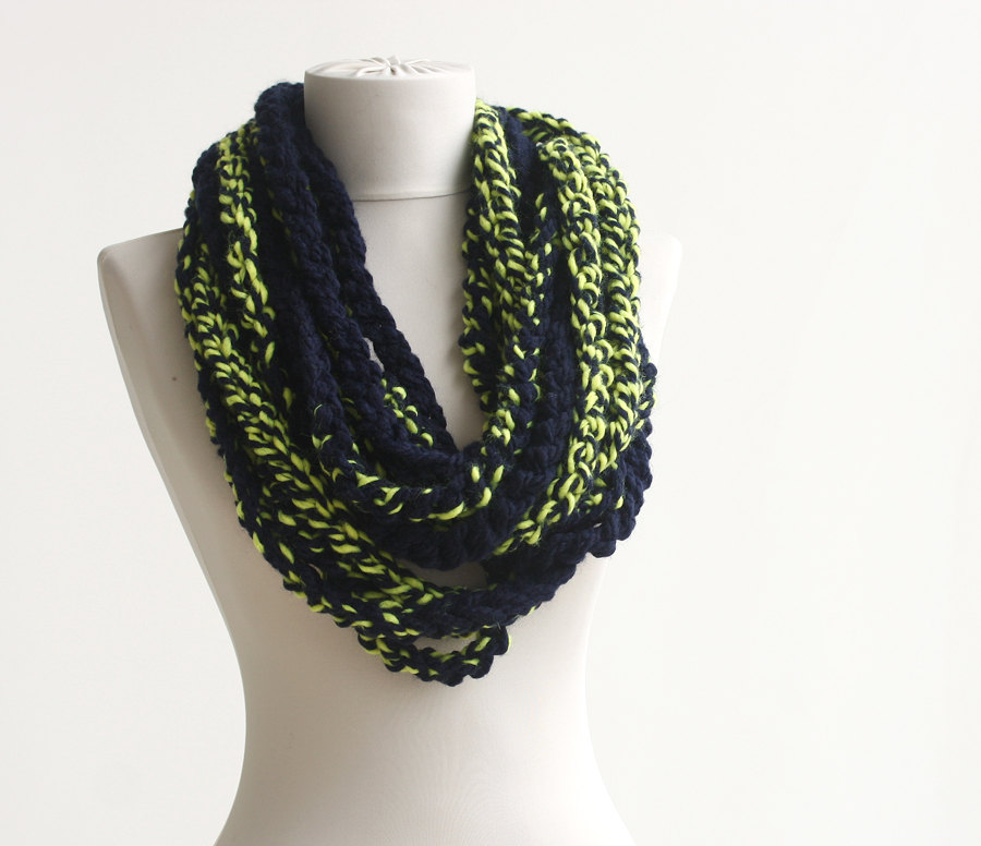 Bulky Scarf Navy Blue Yellow Mix Infinity Chain Scarf Crochet Circle Scarf Neckwarmer In Two Colors College Colors Rugby Football Teams