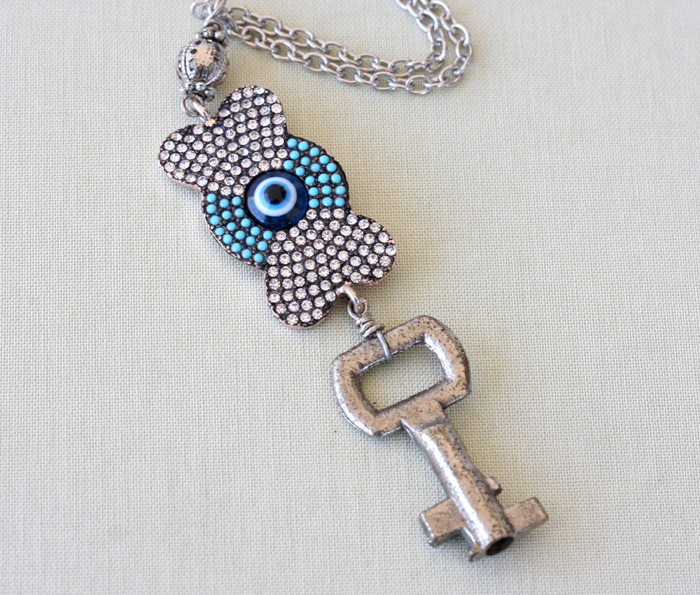 Rhinestone Evil Eye Necklace Vintage Key Necklace Skeleton Key Charm Jewelry Valentines Day Gift For Her Upcycled Jewelry