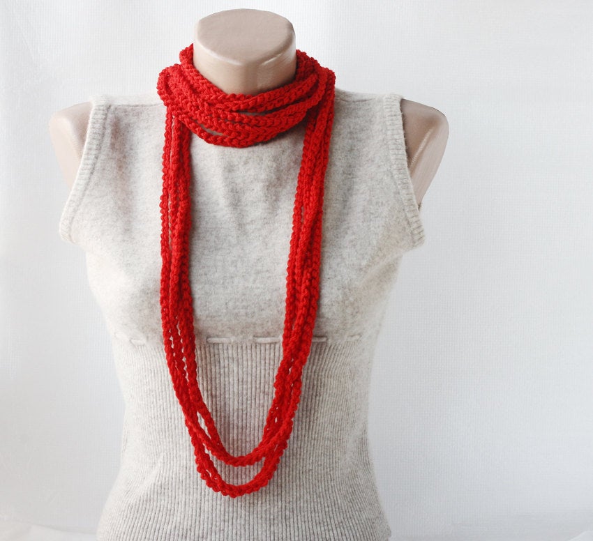 Red Scarf - Crochet Loop Scarf - Skinny Infinity Scarf With Soft Vegan Yarn - Fiber Chain Necklace