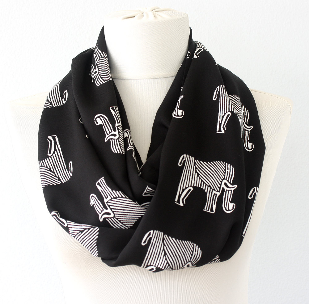 Elephant Gifts, Black And White Infinity Scarf, Clothing Gift Idea, Elephant Scarf, Cute Animal Print Scarf, Soft Summer Scarves For Women