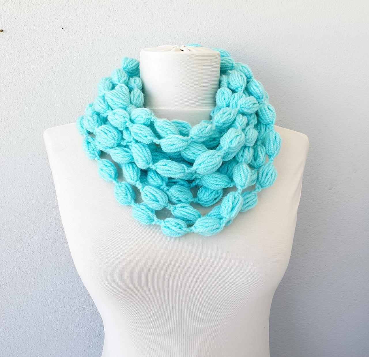 Aqua Blue Crochet Scarf, Chain Scarf Necklace, Scarves For Women, Gift For Her, Christmas Stocking Stuffer