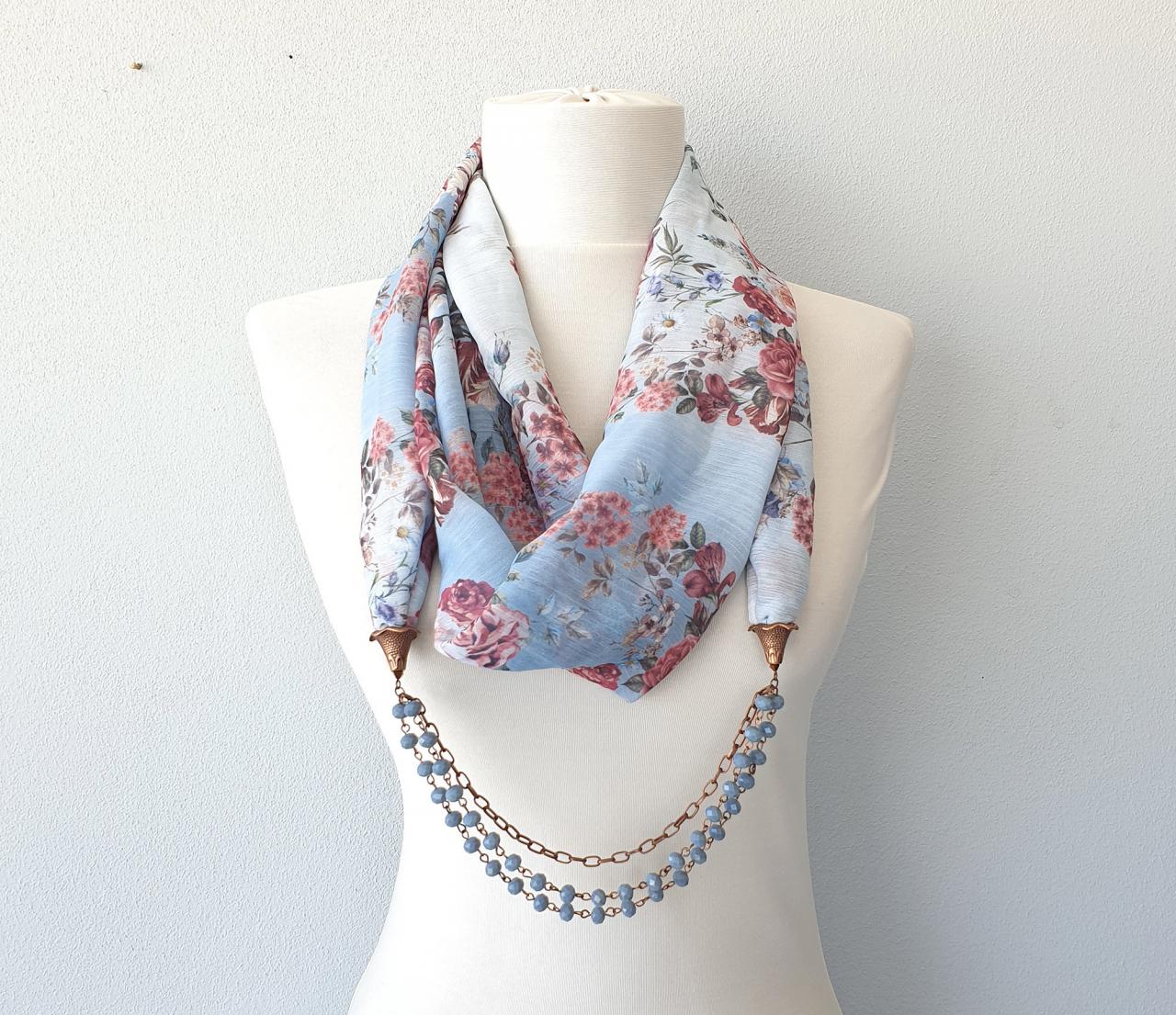 Beaded Scarf Necklace, Baby Blue Floral Infinity Scarf, Scarves For Women, Christmas Gift For Her Girlfriend, Gift For Mom,