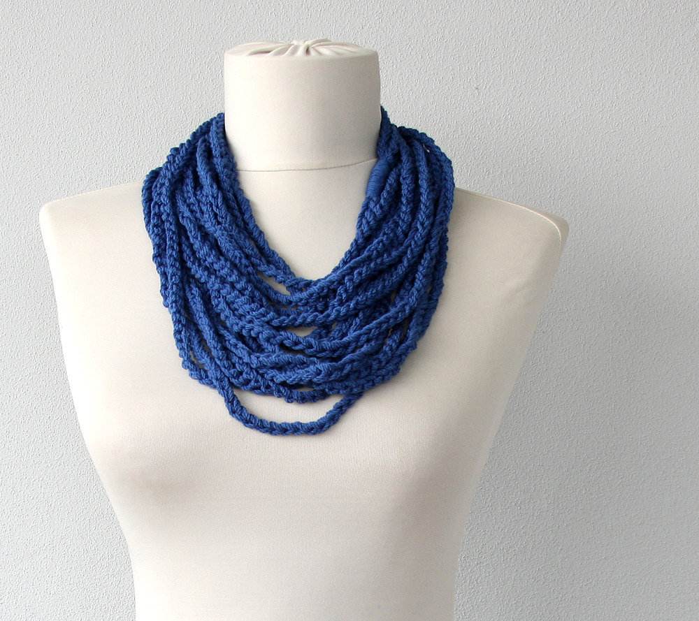 Navy Blue Necklace Scarf Crochet Loop Scarf Fiber Summer Necklace Nautical Chain Necklace Layering Necklace Fashion Necklace Gift For Her