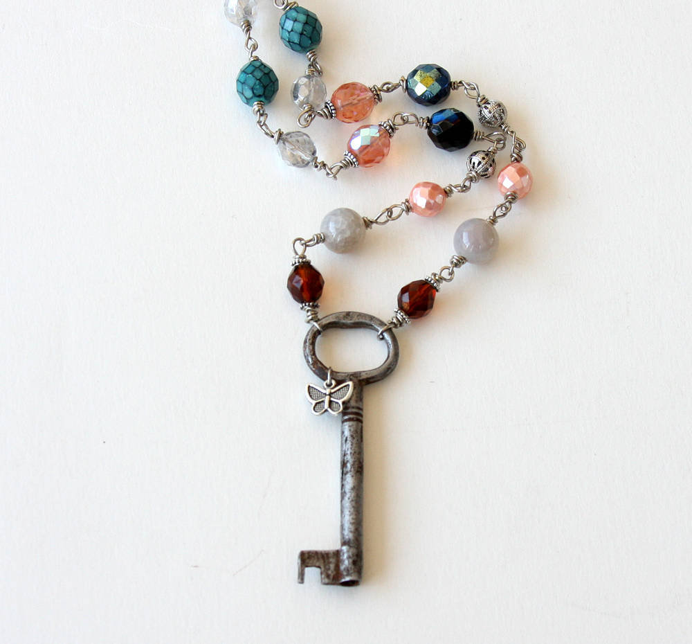 Antique Key Necklace,boho Long Beaded Necklace, Vintage Hand Forged Skeleton Key Necklace, Bohemian Jewelry, Unique Jewelry Gift For Her