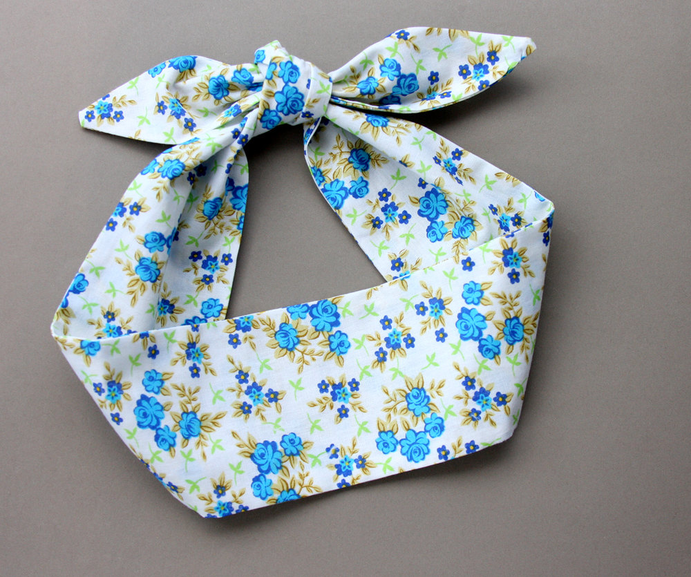 Dolly Bow Headbands For Women, Tie Up Headband, Blue Floral Hair Band, Top Knot Adult Headband, Cotton Head Wrap