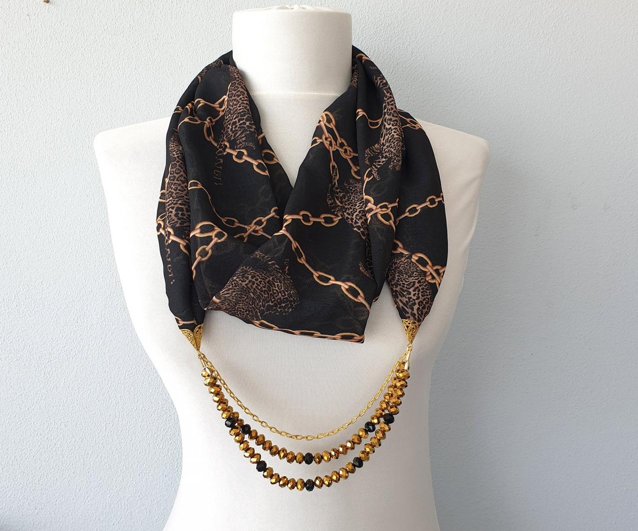 Black Gold Necklace Scarf, Leopard And Chain Print In Gold, Animal Print Accessories