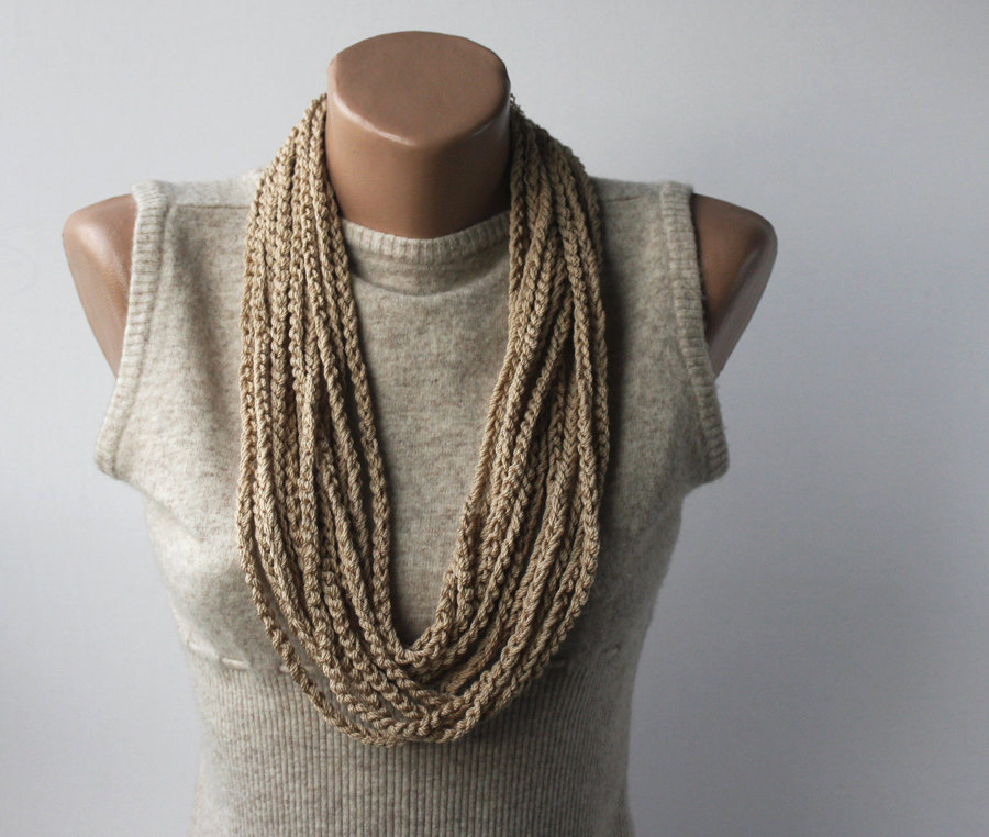 Skinny Scarf Necklace - Vegan Scarf - Infinity Scarf - Neutral Oatmeal Beige - Crochet Necklace