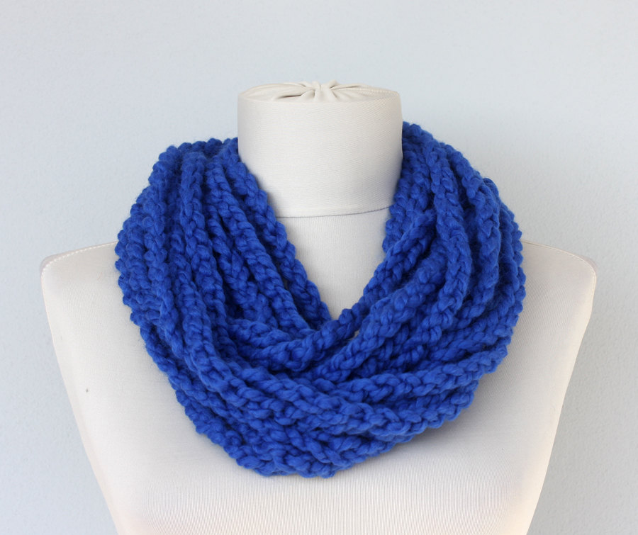 Infinity Scarf Crochet Scarf In Bright Cobalt Blue Wool Necklace Scarf Valentines Day Gift Under 10