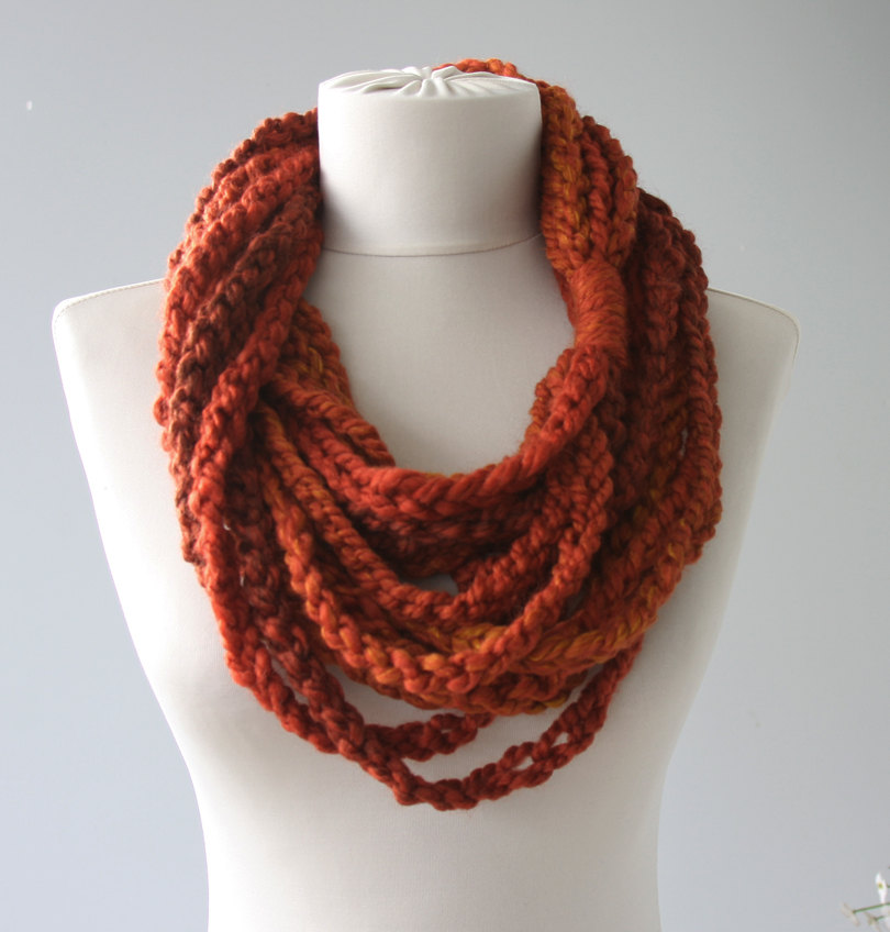 Valentines Day Gift For Her, Crochet Chain Scarf, Rust Orange Scarf, Infinity Scarf, Loop Neckwarmer For Women, Clothing Gift