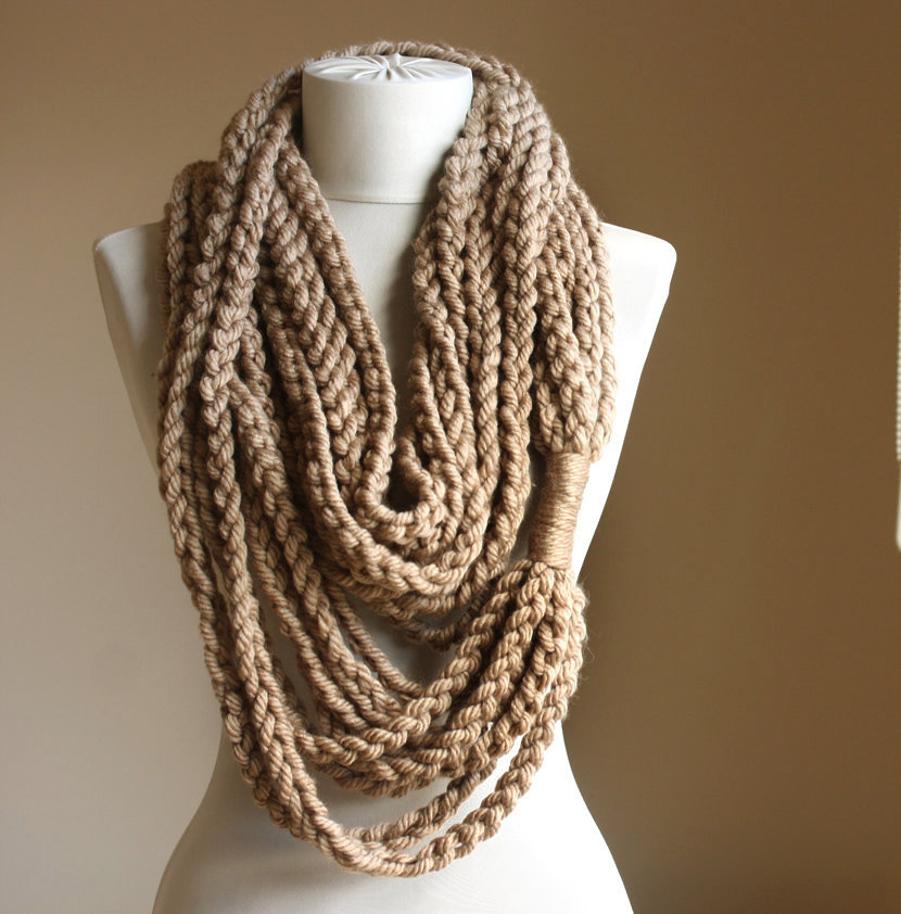 Beige Crochet Scarf Infinity Chain Scarf Oatmeal Winter Fashion Autumn Fall Accessories Women Accessories Unique Gift For Her Chunky Wool