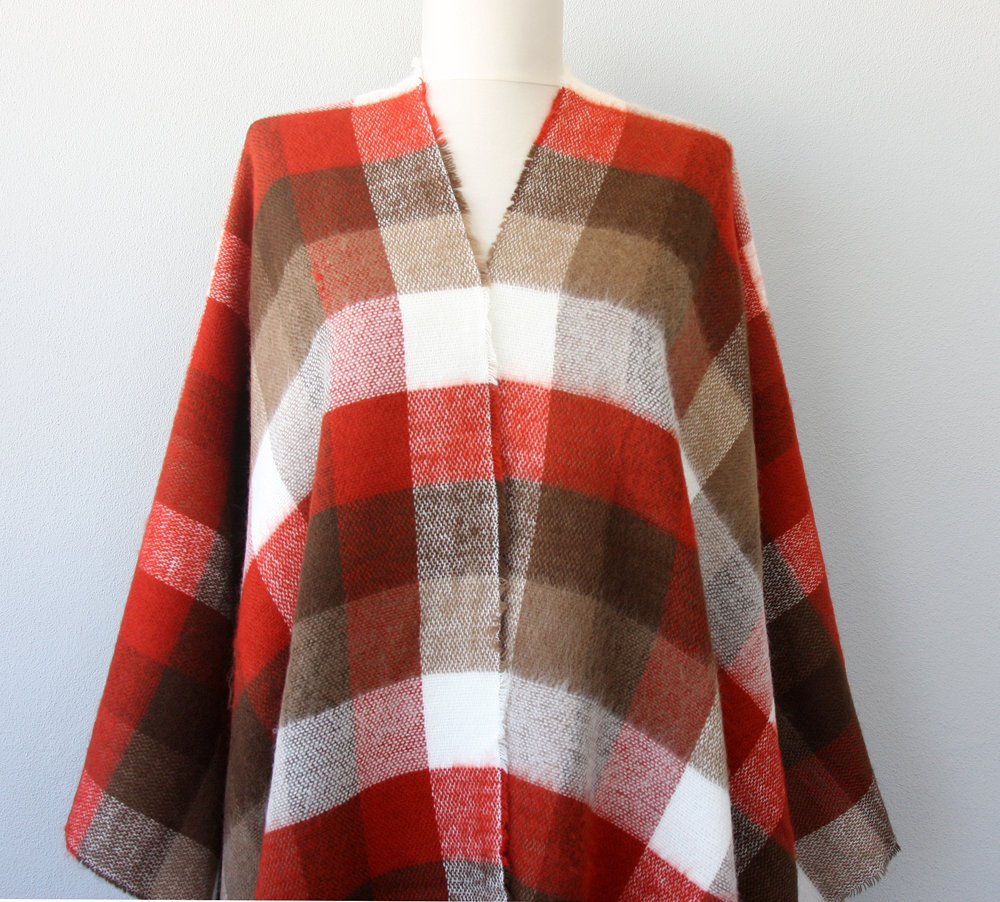 Plaid Poncho In Rust Red And Brown, Womens Plaid Cape, Blanket Wrap, Winter Ruana, Christmas Gift
