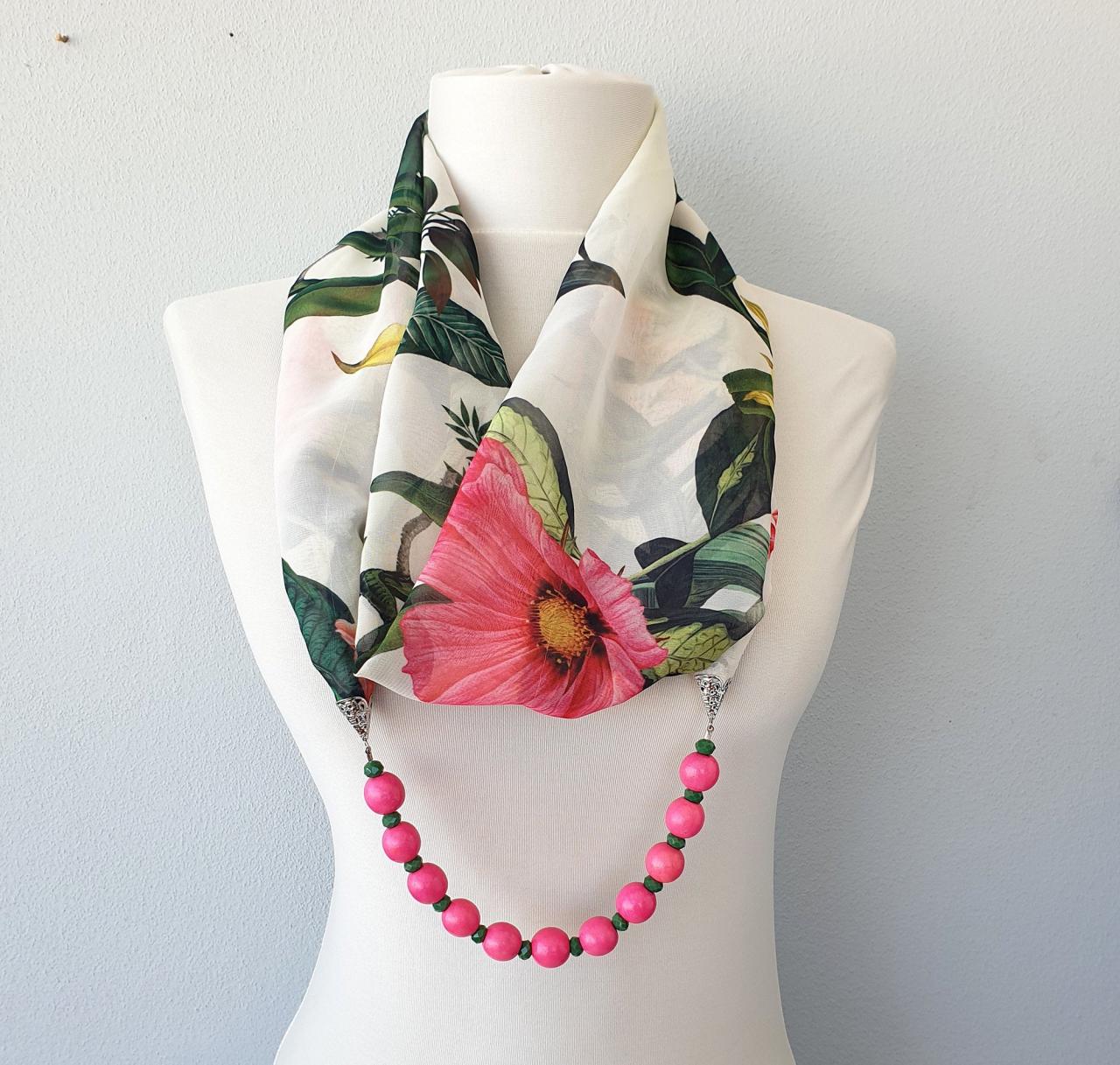 Tropical Plants Scarf Necklace, Beaded Floral Scarf, Christmas Gift For Her