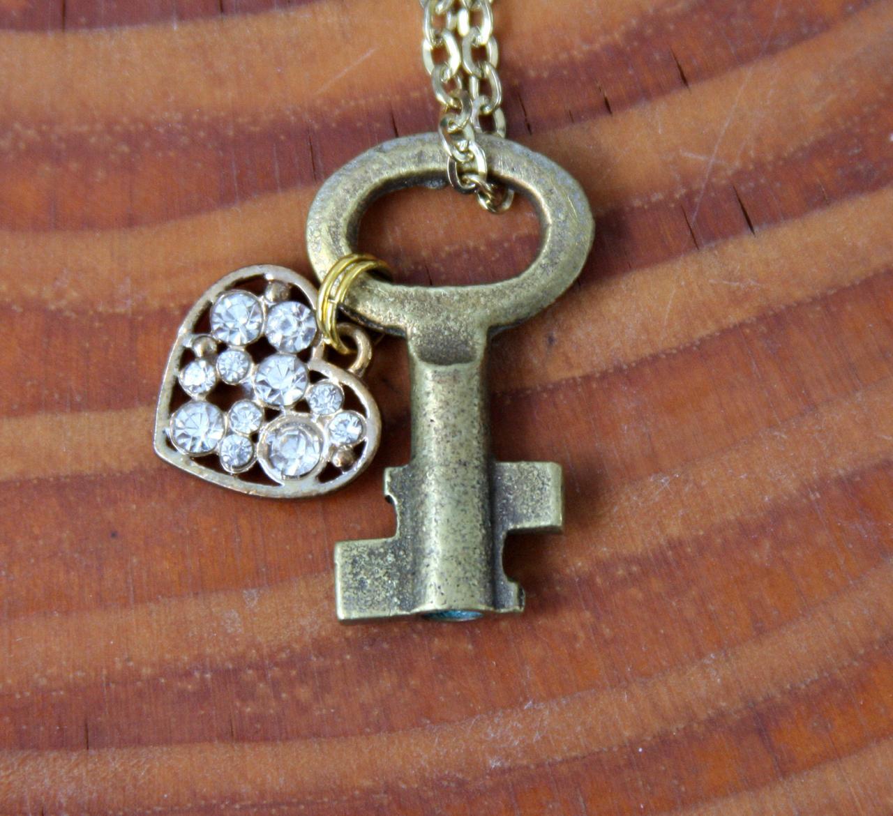 Key To Heart Necklace, Vintage Key Necklace, Skeleton Brass Key Jewelry Gift For Her, Girlfriend Gift, Christmas Gift