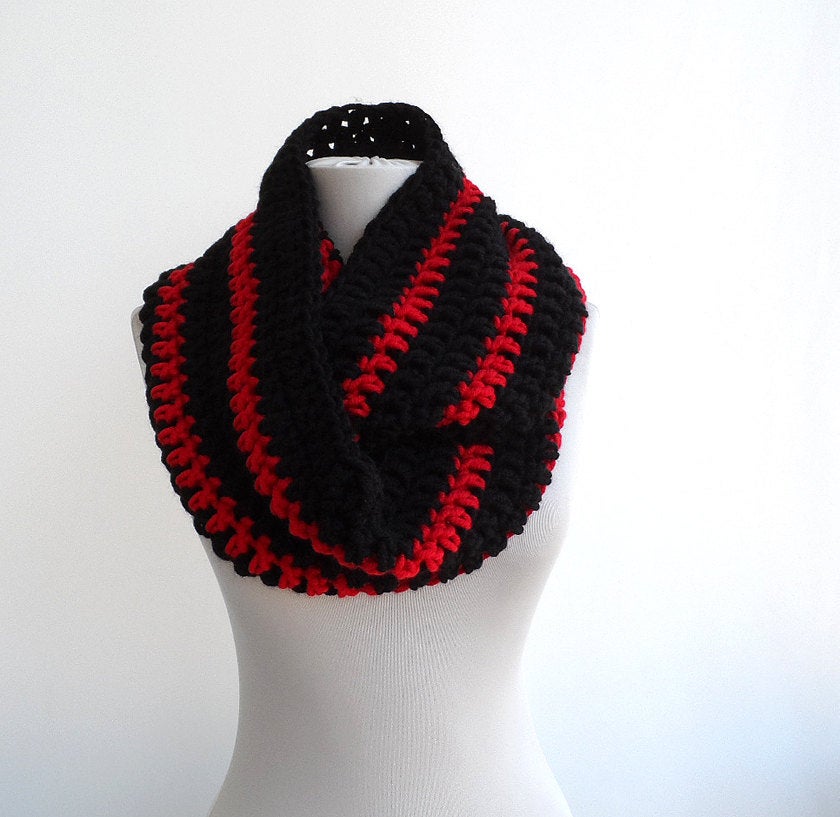 Infinity Scarf Mens Scarf Black And Red Striped Scarf Crochet Cowl Neck Scarf Winter Circle Scarf Loop Scarf Cowl Gift Ideas For Boyfriend