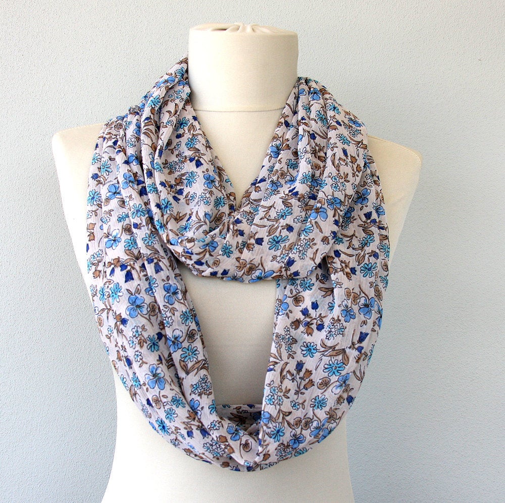Clothing Gift, Lightweight Infinity Scarf With Blue Floral Print,circle Scarves For Women, Christmas Gift For Her