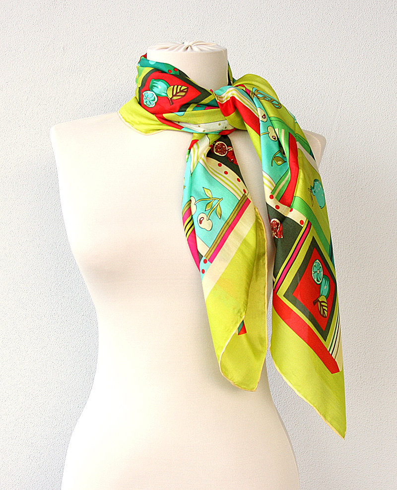 Silk Scarf Luxury Gift For Her Fruit Print Scarf Summer Fashion Pure Silk Scarves Large Head Wrap Modern Design Lime Green Turquoise Pink