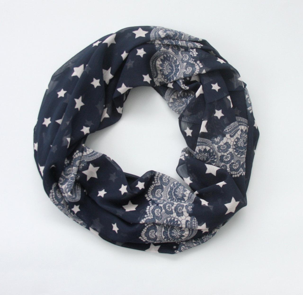 Stars Scarf, Lace Stars Infinity Scarf, 4th Of July Navy Blue Circle Scarf, Gift For Her