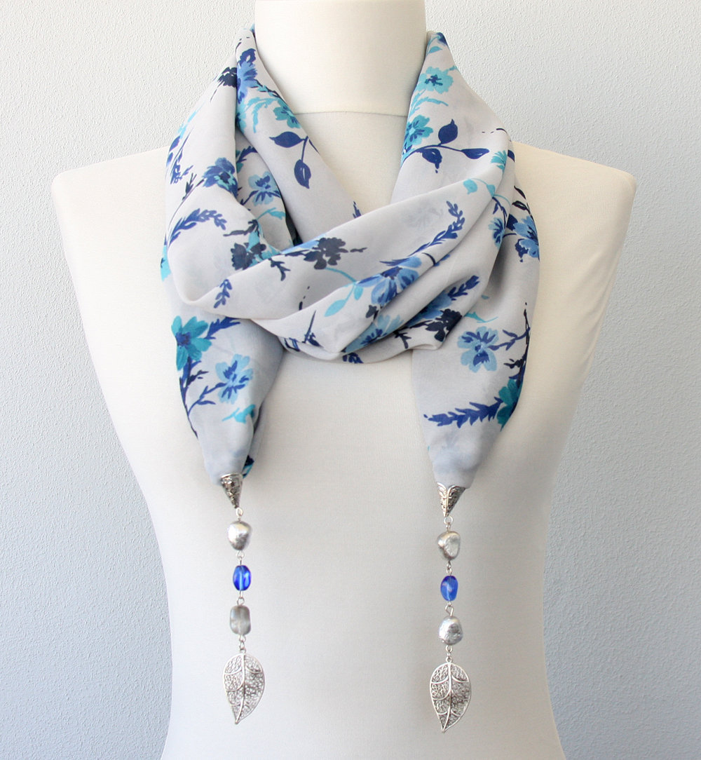 Clothing Gift, Jewelry Scarf Necklace, Gray And Blue Floral Scarf Jewellery, Birthday Gift, Retirement Gift, Christmas Gift For Her