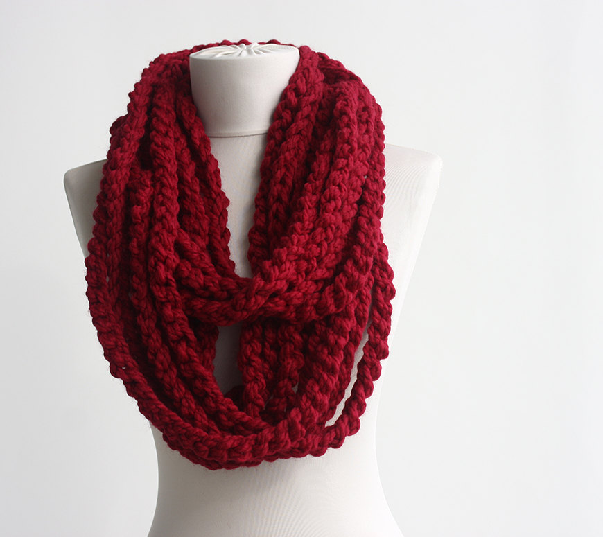 Wool Red Scarf Infinity Scarf Crochet Circle Scarf Winter Women Scarves Christmas Gift Idea