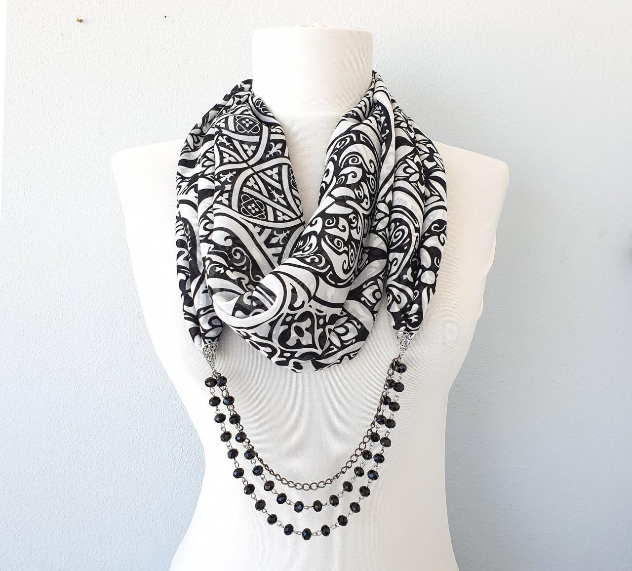 Black White Scarf Necklace, Chiffon Beaded Scarf, Christmas Gift For Her