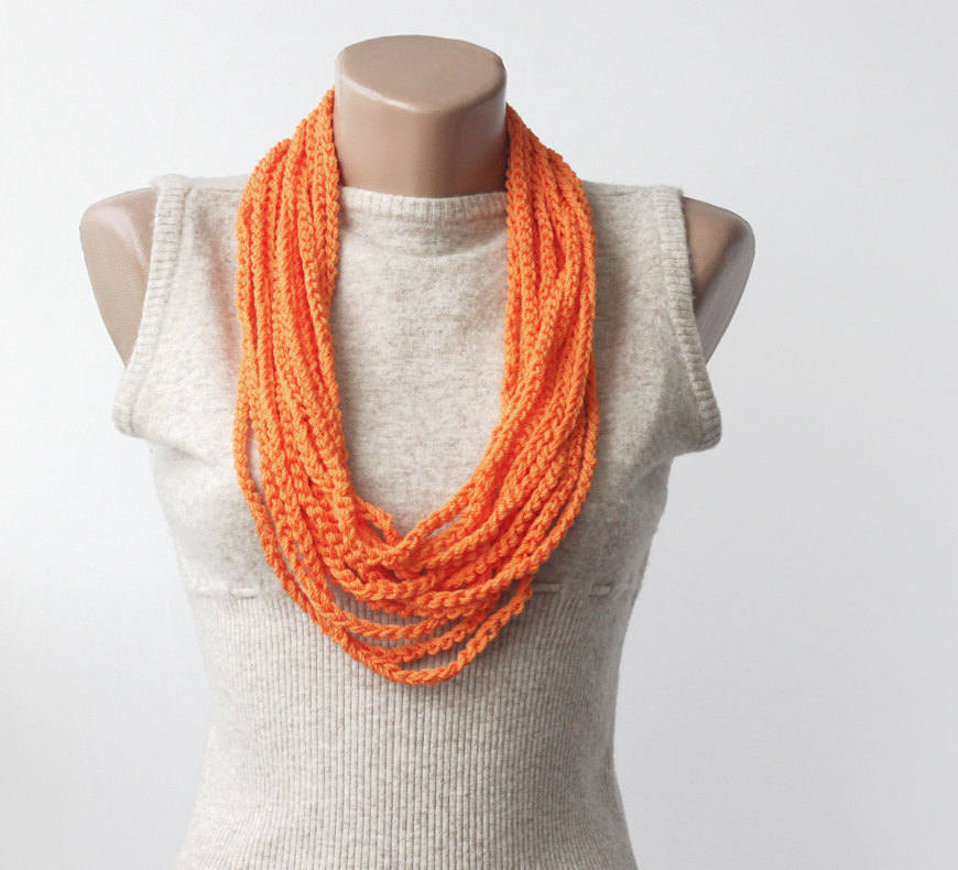 Neon Orange Scarf Necklace Skinny Summer Scarf Crochet Necklace Fashion Accessories Gift Idea For Teen Girl Infinity Loop Scarf