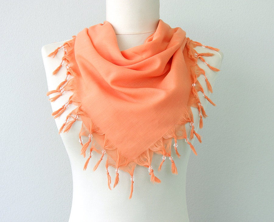 Peach Scarf With Beaded Fringes Summer Shawl Tassel Wrap Scarf Women Scarves Summer Fashion Scarf With Beads Gift For Her