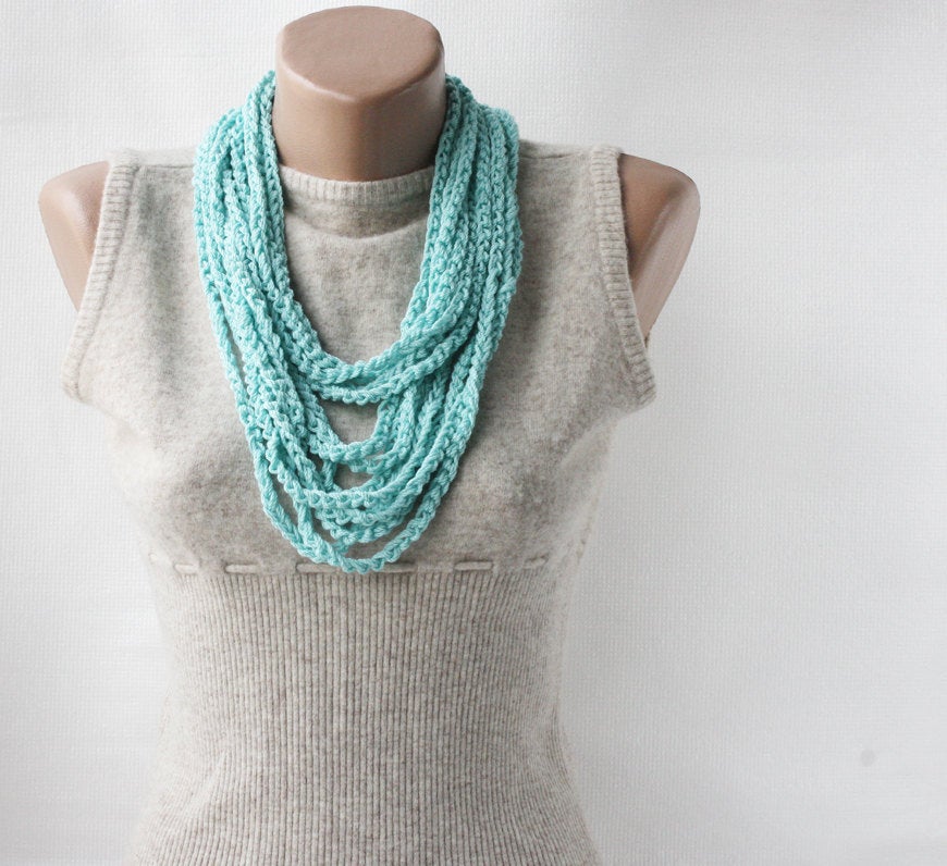 Mint Green Scarf Necklace Skinny Summer Scarf Infinity Scarf Crochet Scarf Loop Scarf Crochet Multi Strand Bohemian Necklace Boho Clothing