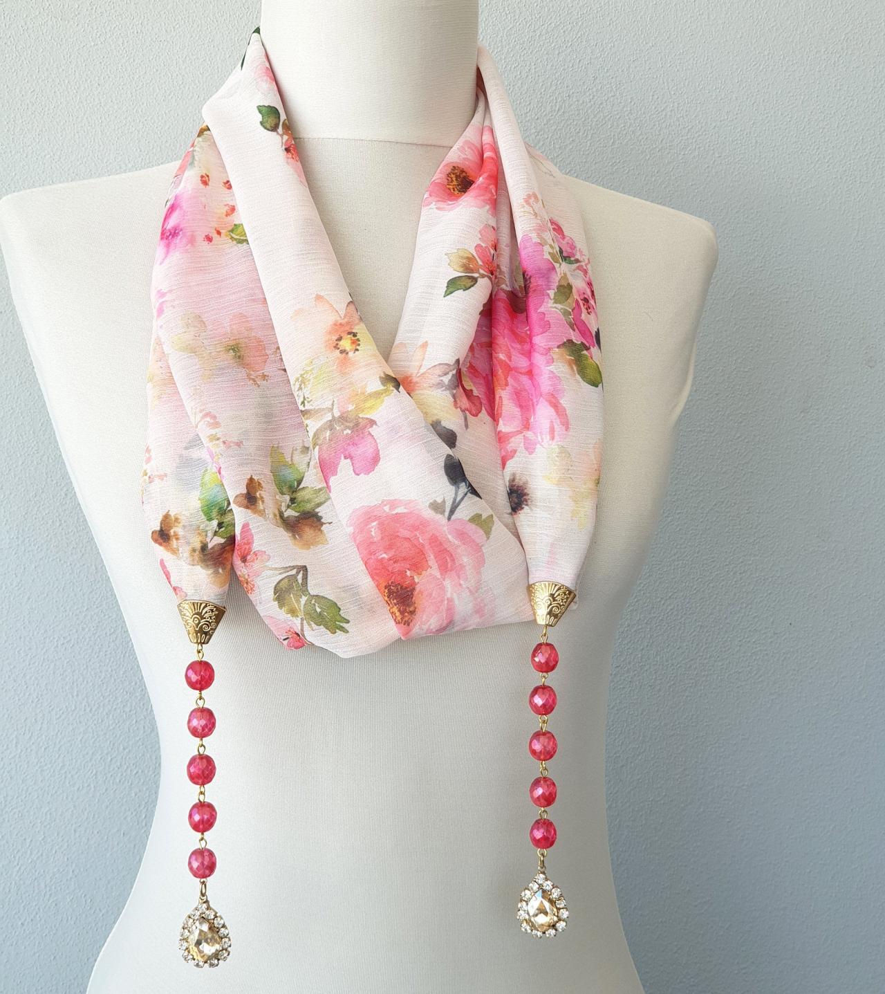 Rhinestone Scarf Necklace For Women, Floral Lariat Necklace