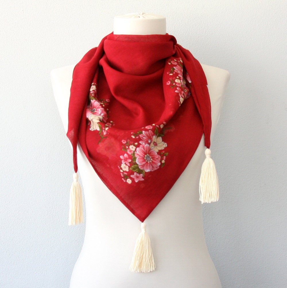 Bohemian Tassel Scarf Dark Red Boho Scarf Gauze Cotton Spring Scarf Floral Ethnic Scarf Mothers Day Gift For Her Summer Scarves
