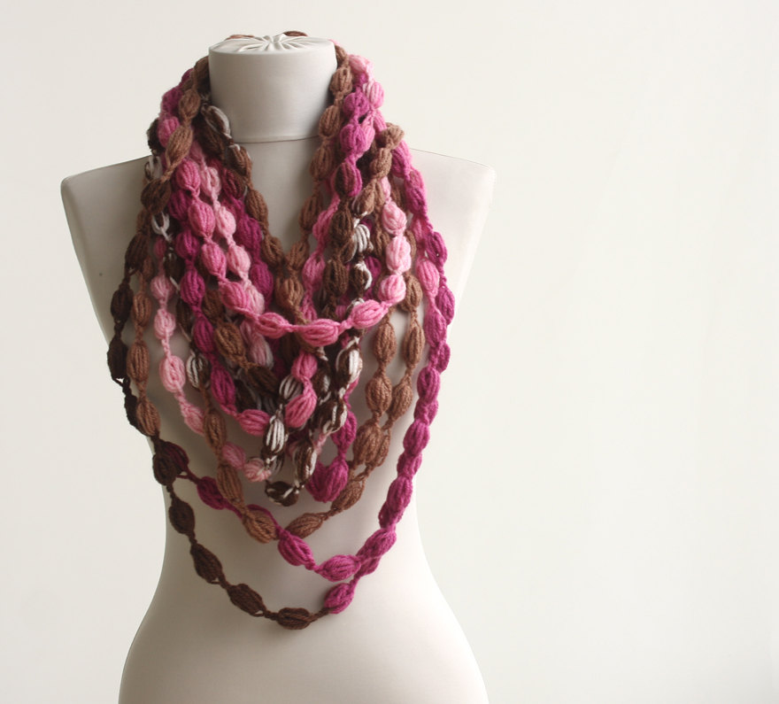 Pink Crochet Scarf, Infinity Scarf, Pom Pom Scarf, Christmas Gift For Her, Clothing Gift, Unique Gift, Stocking Stuffer