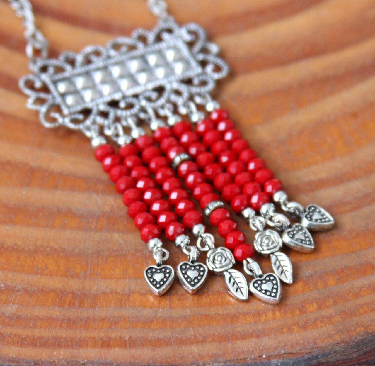 Valentines Necklace, Boho Heart Necklace, Valentines Gift For Her, Red Heart Jewelry