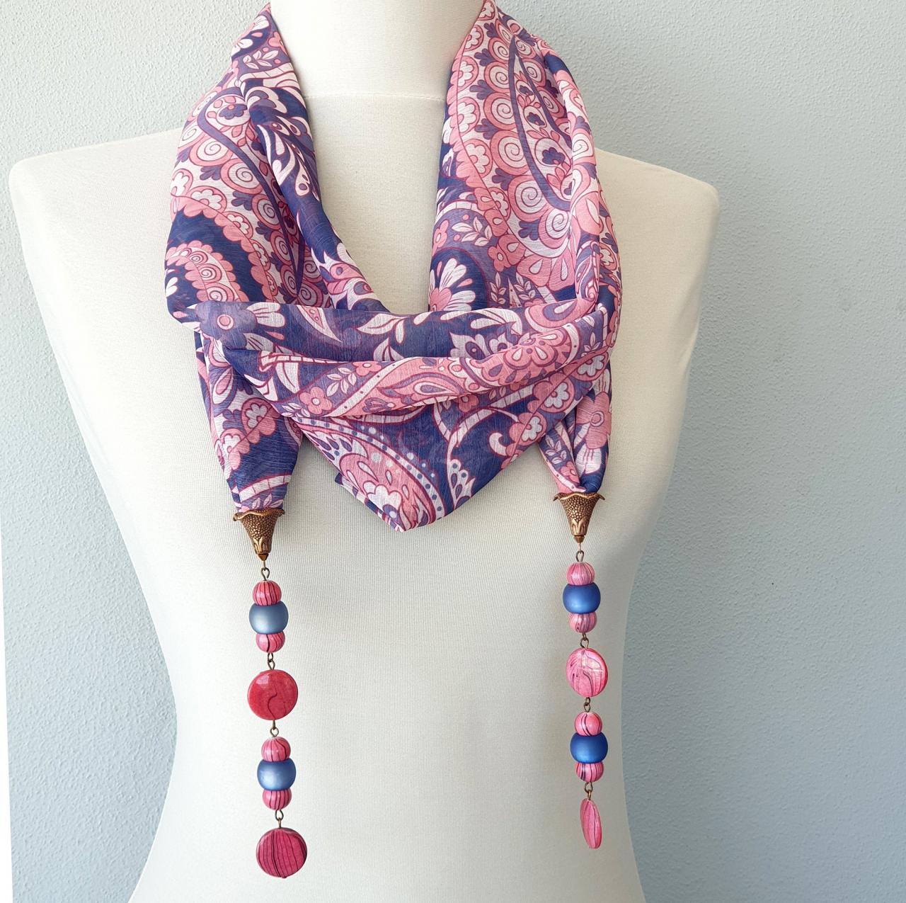 Pink And Blue Beaded Scarf Necklace, Lariat Necklace Scarf, Necklaces For Women, Jewelry Gift For Allergic To Metal