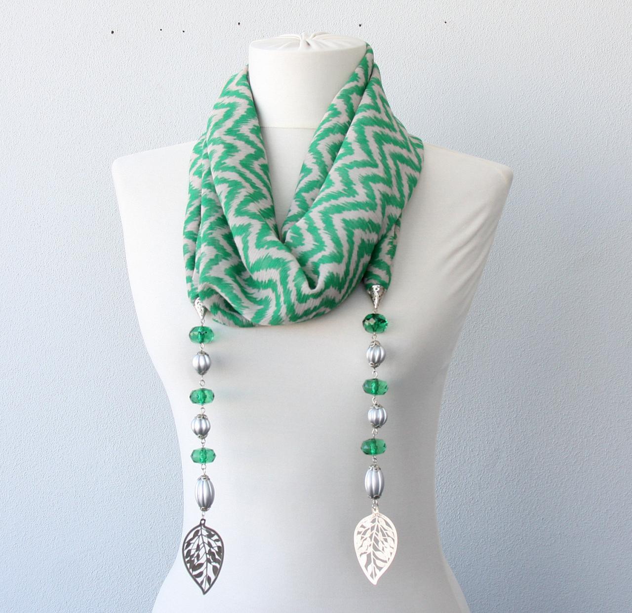 Green Necklace Scarf , Leaf Charm Necklace, Chevron Scarf Necklace, Mothers Day Gift For Mom, Gift For Her