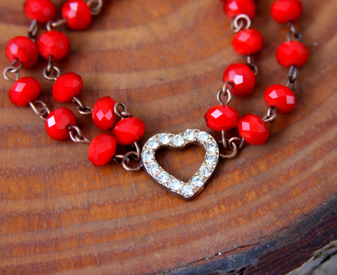 Heart Bracelet , Red Beaded And Rhinestone Heart Charm , Valentine's Gift For Her