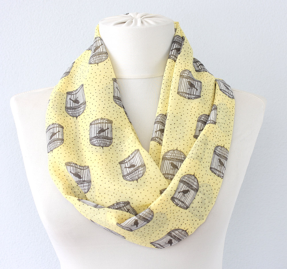 Birdcage Scarf Yellow Infinity Scarf Bird Scarf Tropical Summer Scarf Animal Printed Scarf Lightweight Scarves For Women Whimsical Gift